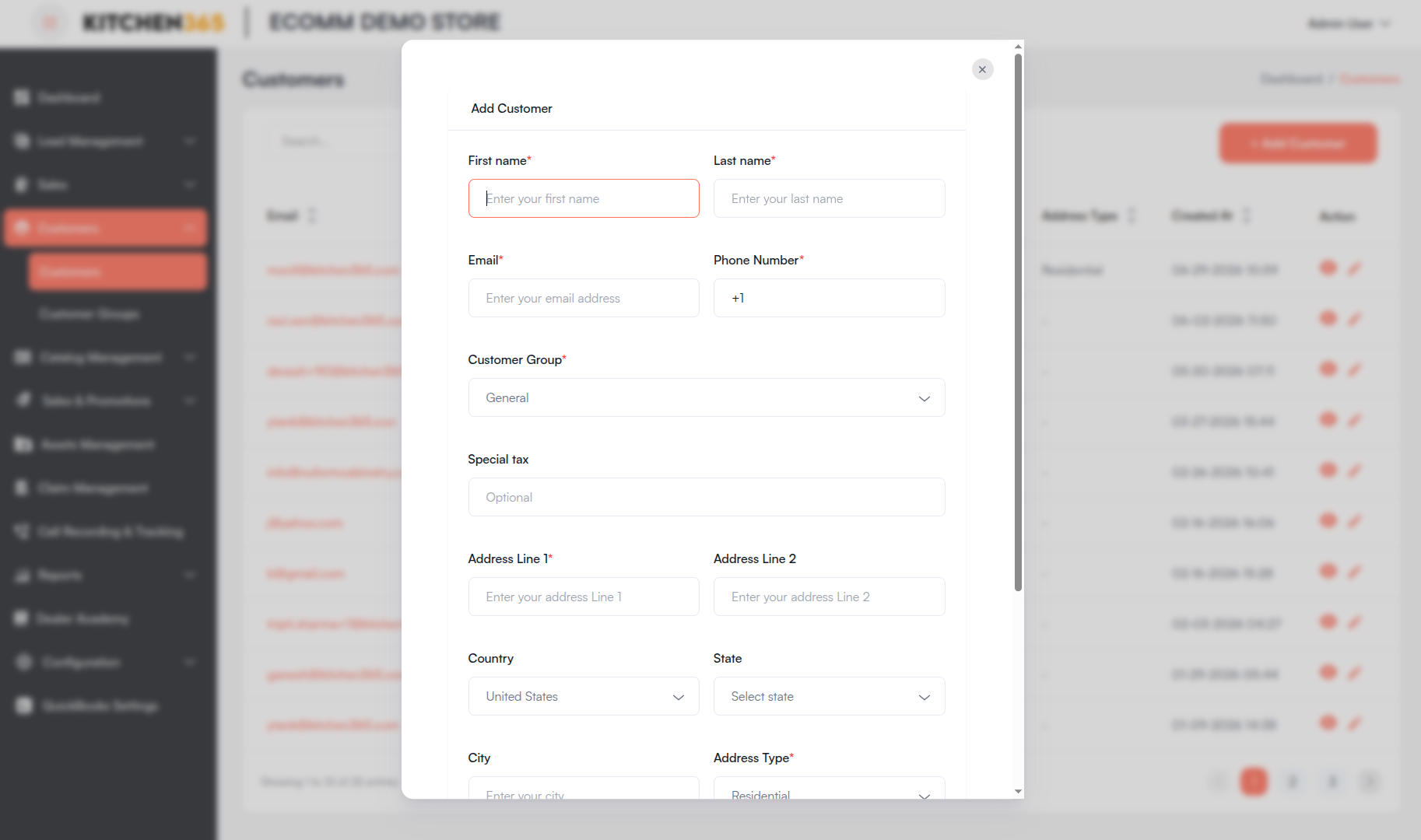 Add Customer popup Screenshot