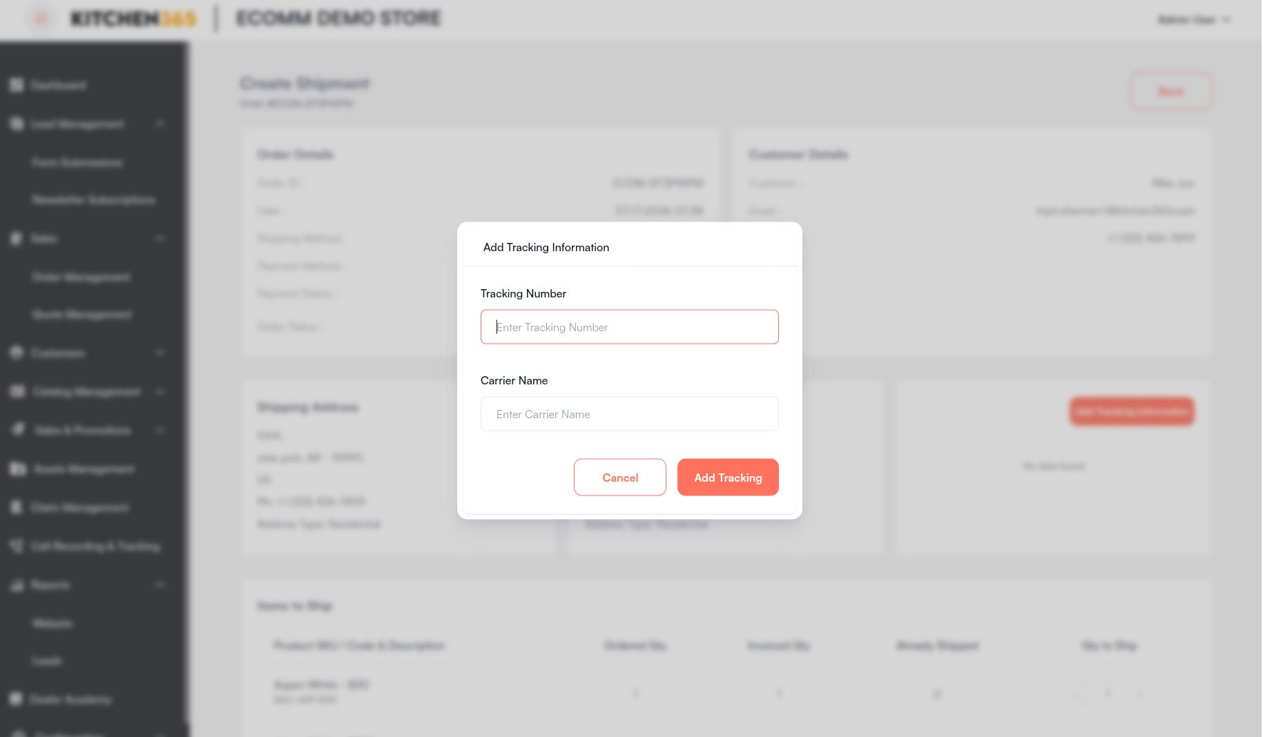 Add Tracking Number popup Screenshot