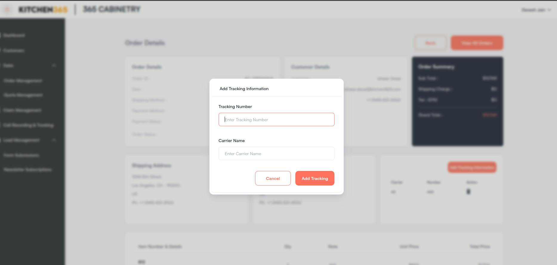 Add Tracking Number popup Screenshot