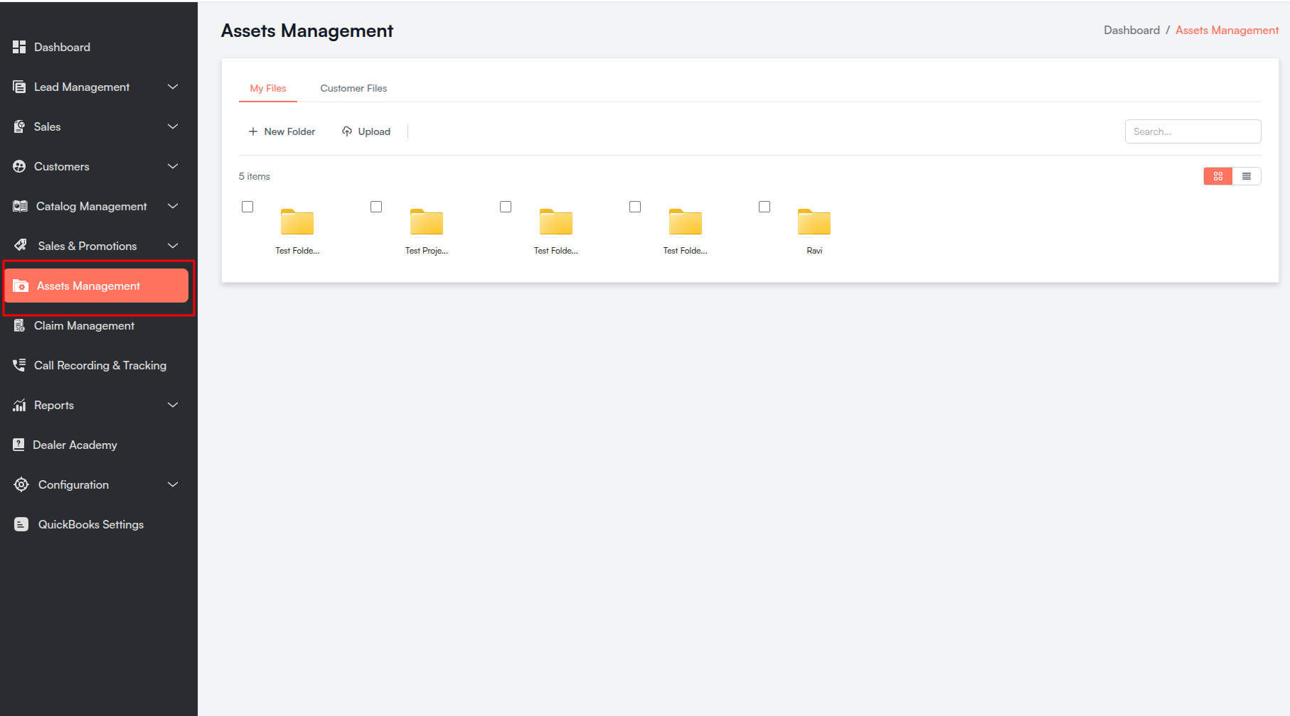 Assets Management sidebar menu Screenshot
