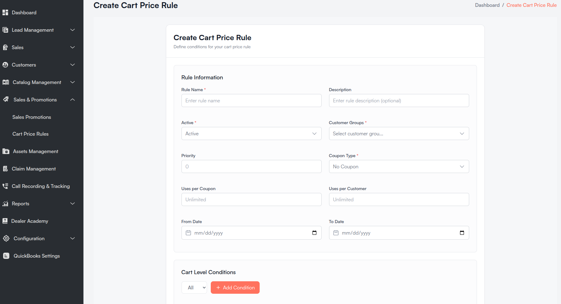 Create Cart Price Rule form Screenshot