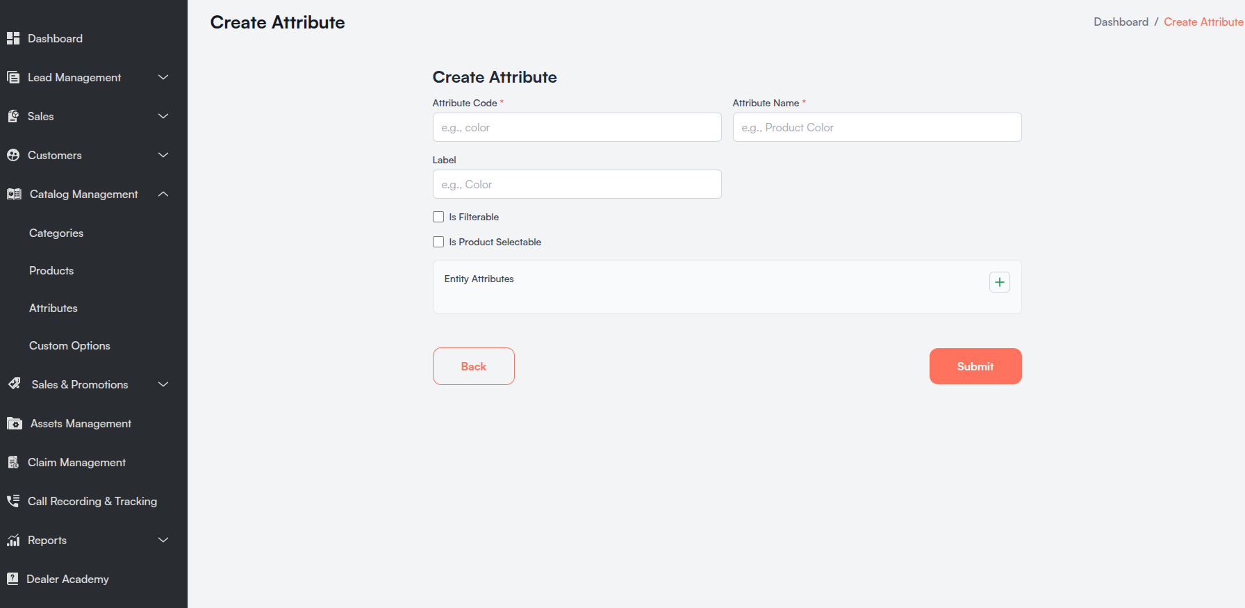 Create Catalog Attribute form Screenshot