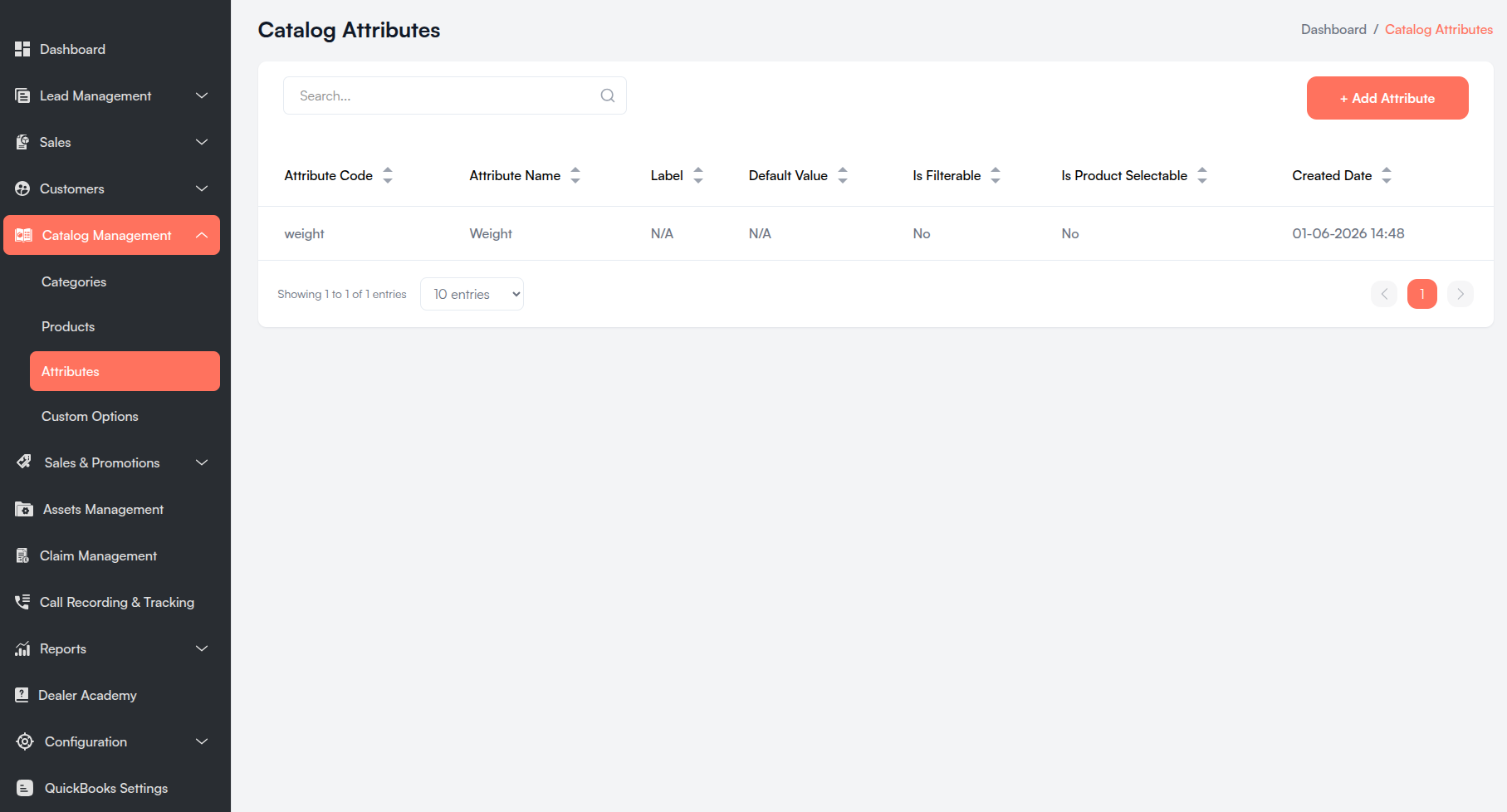 Catalog Attributes list Screenshot