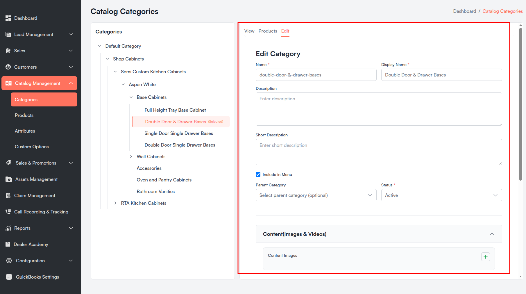 Catalog Categories edit form Screenshot