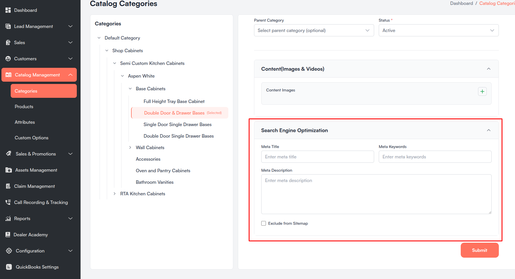 Catalog Categories tenant edit — content and SEO sections Screenshot