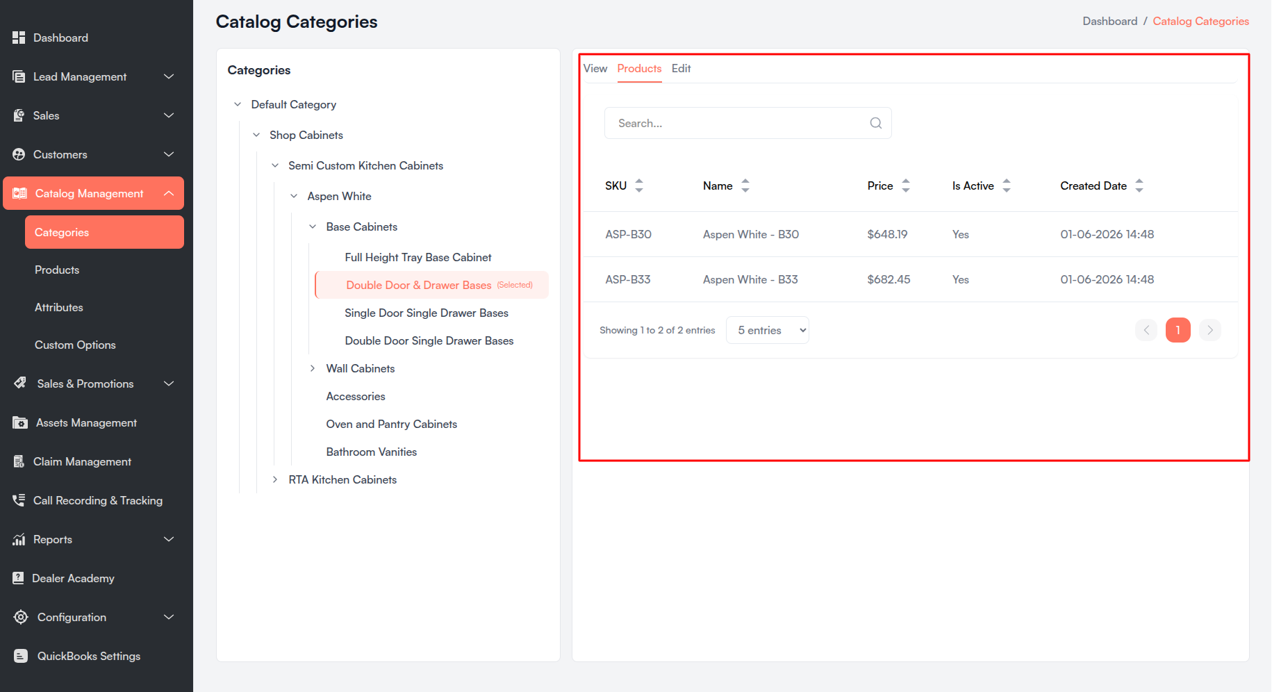 Catalog Categories products tab Screenshot