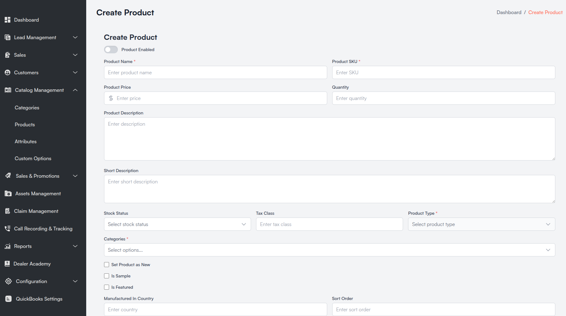 Create Catalog Product form Screenshot