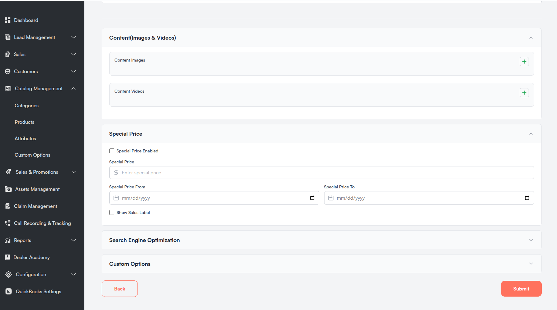Create Catalog Product — content, special price, and SEO sections Screenshot