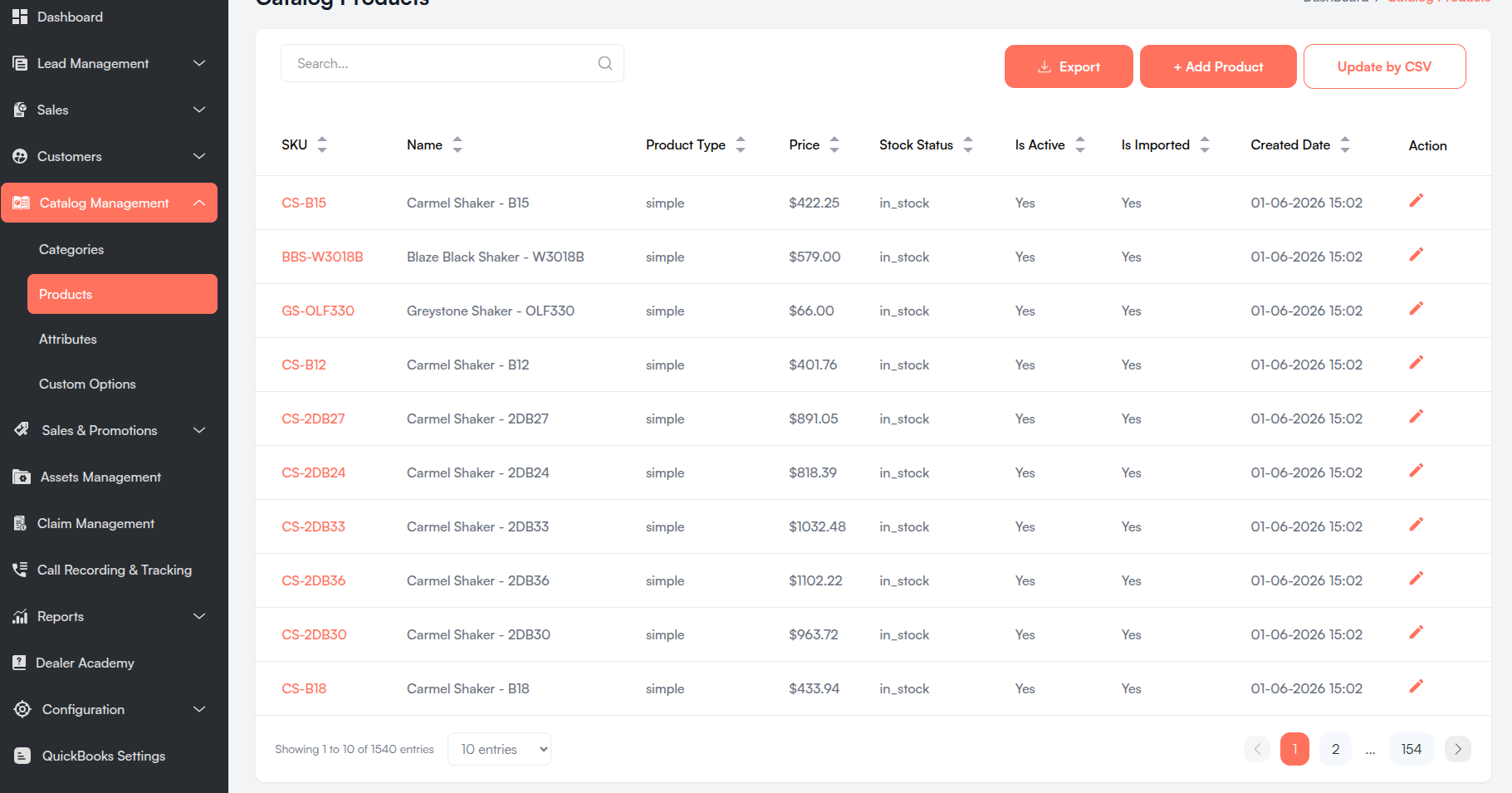 Catalog Products list — tenant catalog Screenshot