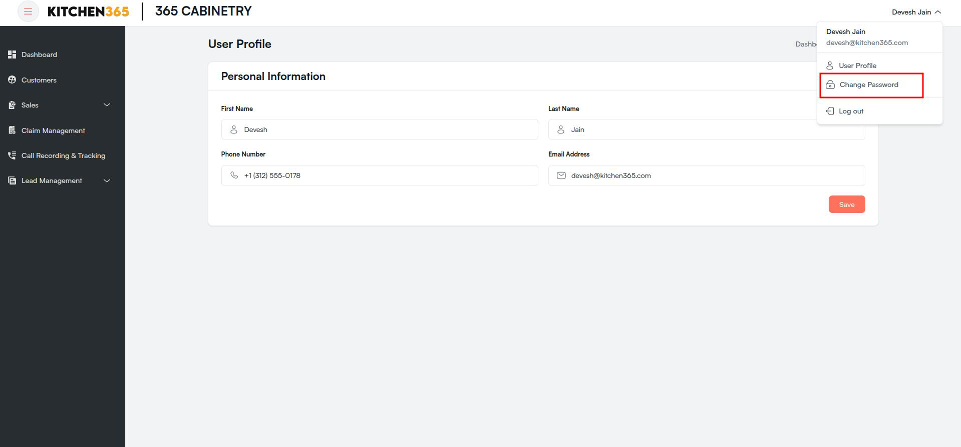 User Profile Change Password Screenshot