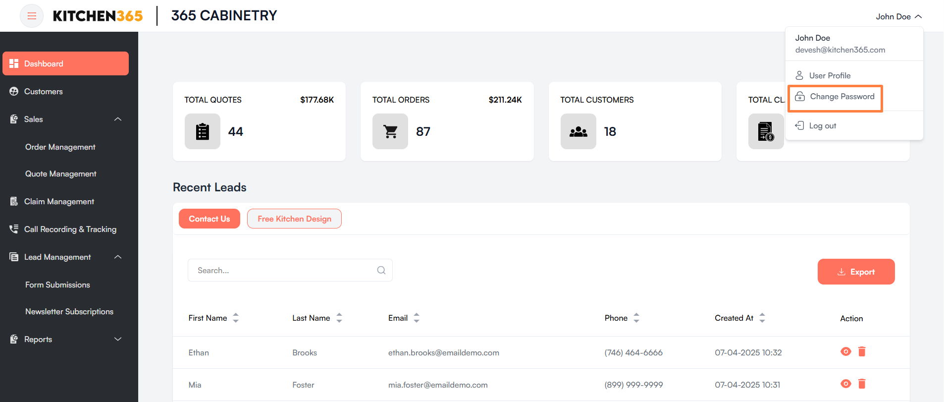 User Profile Change Password Screenshot