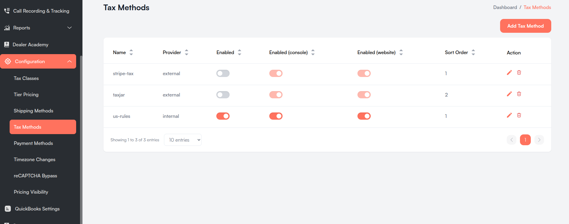 Configuration sidebar menu Screenshot