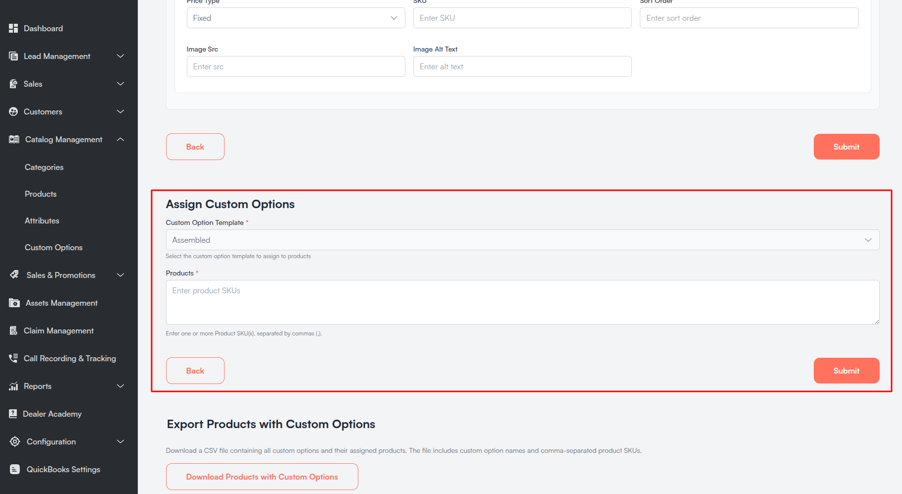 Assign Custom Options to products form Screenshot