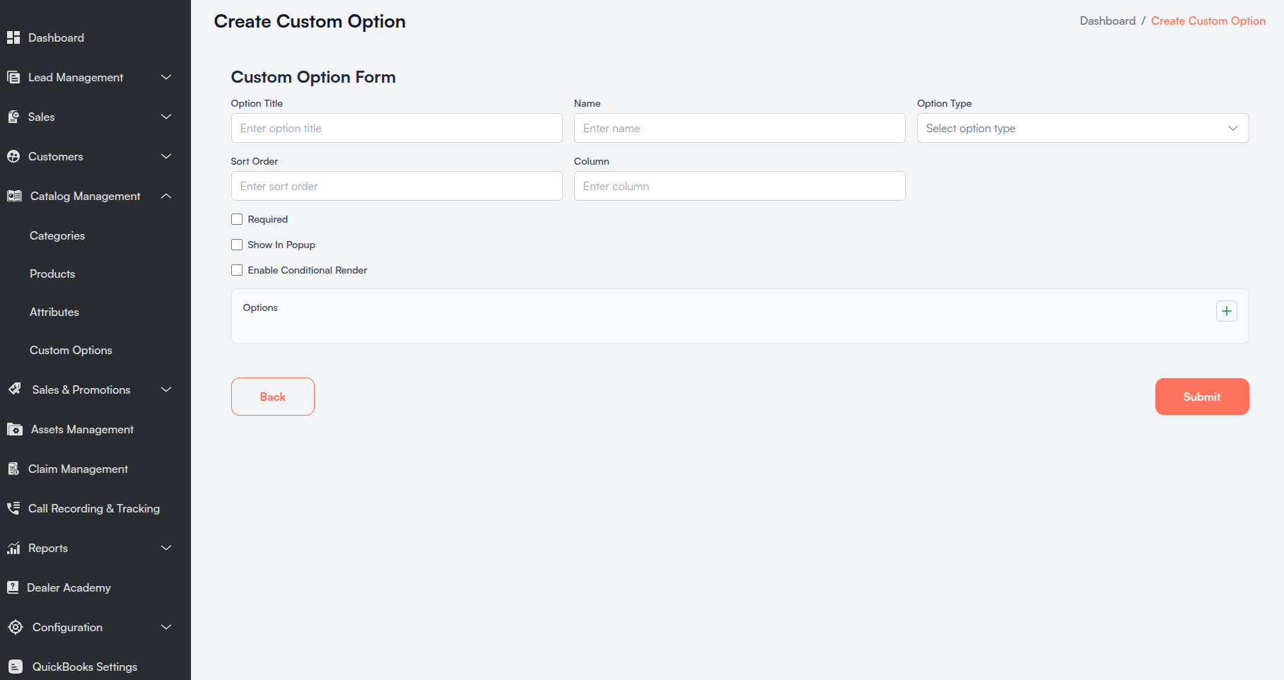 Create Custom Option Template form Screenshot