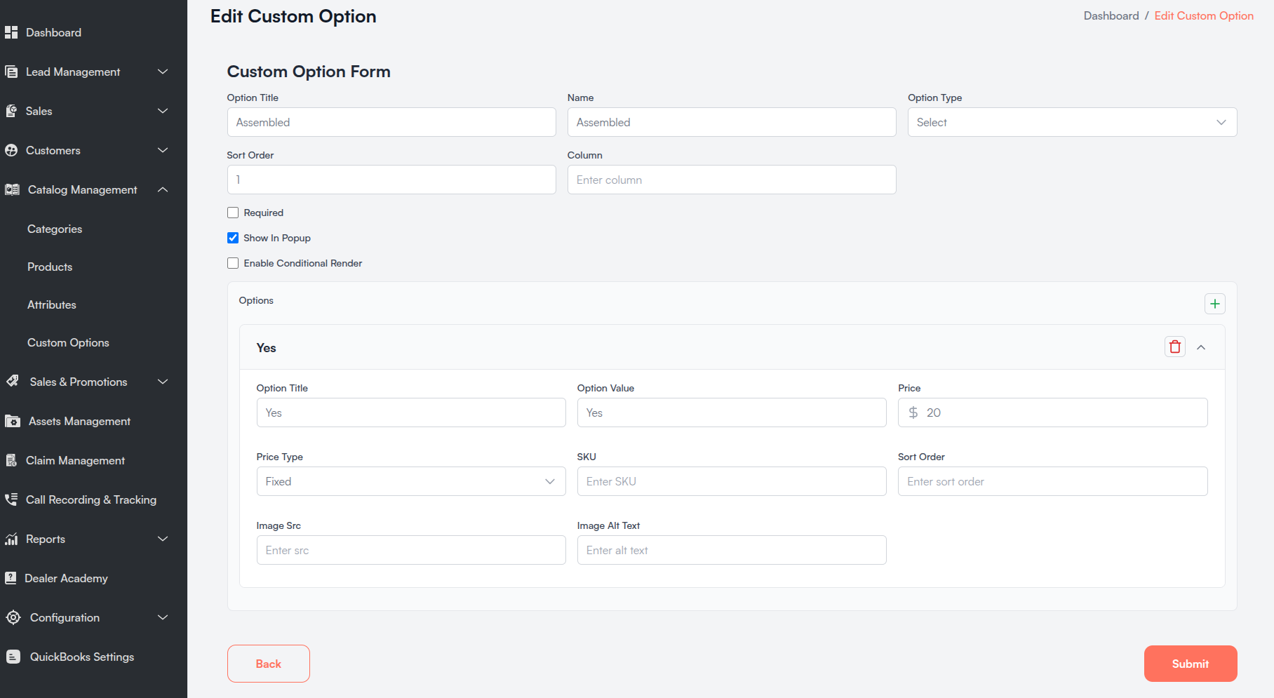 Edit Custom Option Template form Screenshot