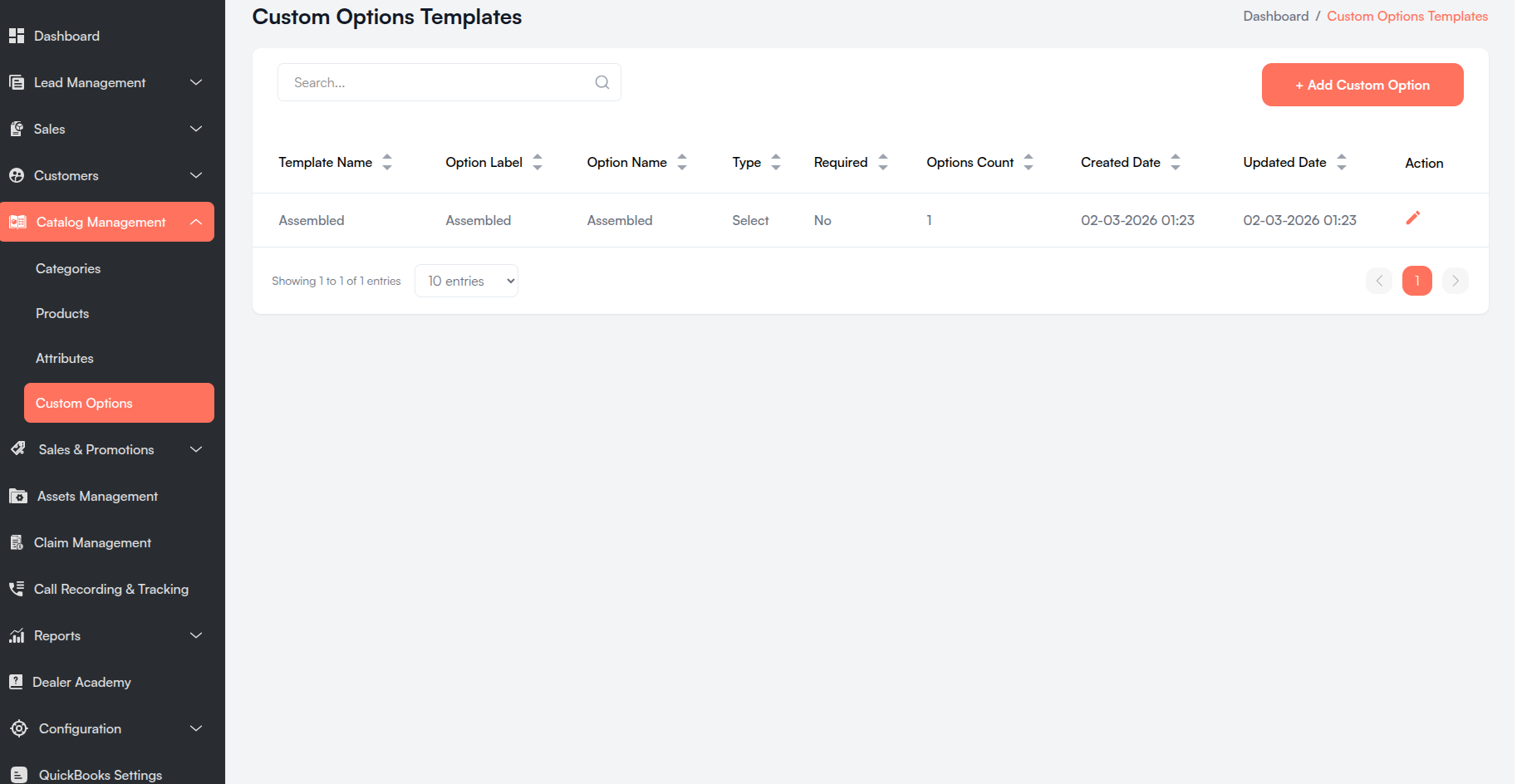 Custom Options Templates list Screenshot