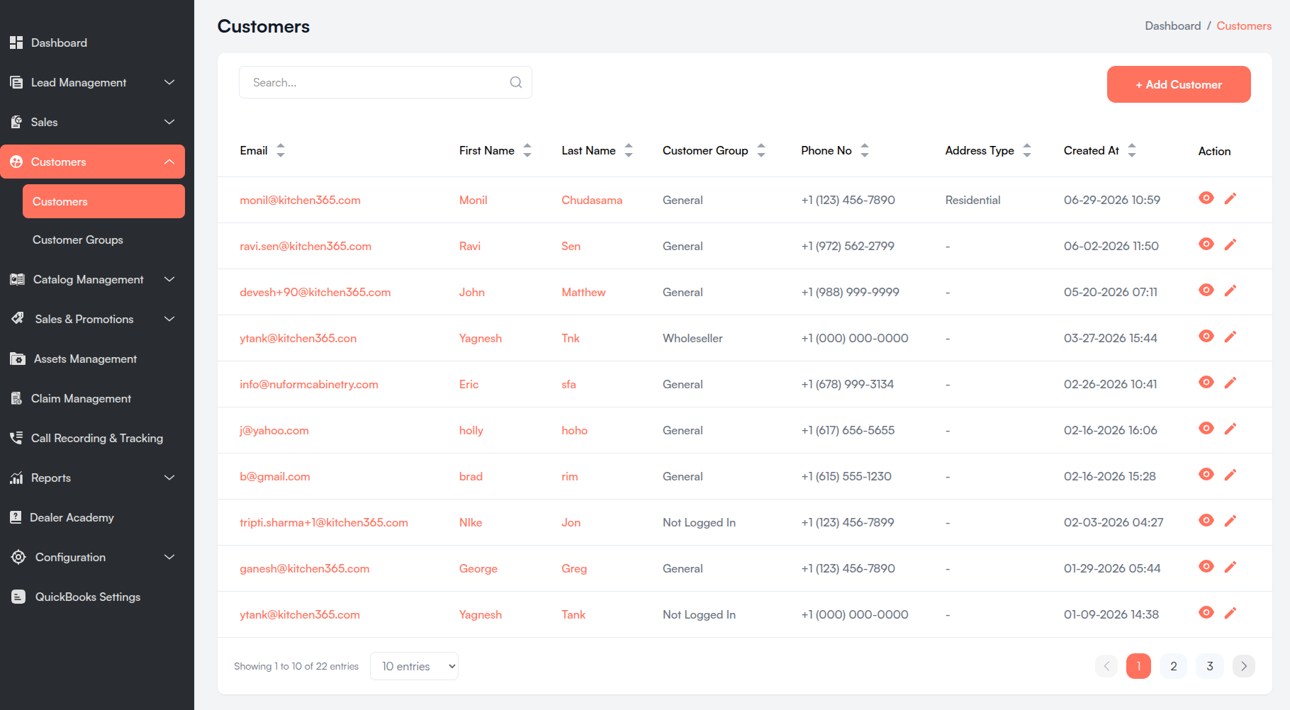 Customers List Screenshot