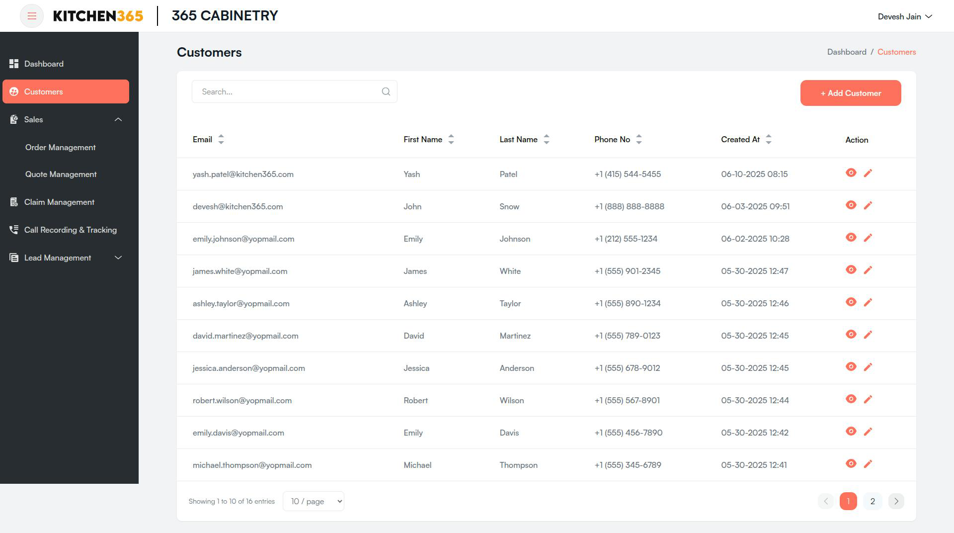 Customers List Screenshot