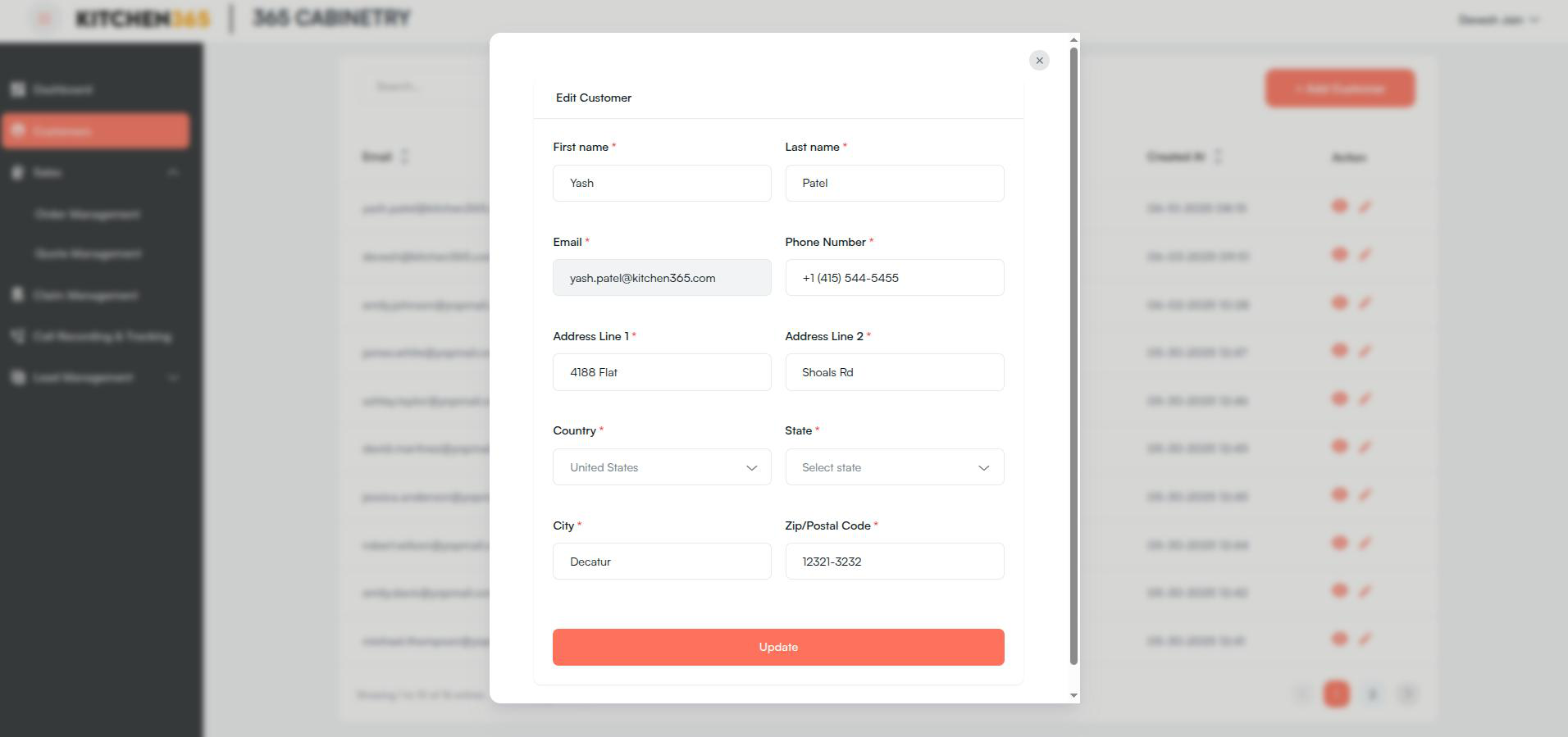 Edit Customer popup Screenshot