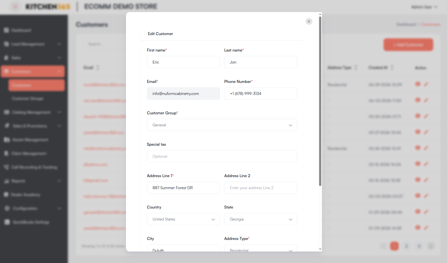 Edit Customer popup Screenshot