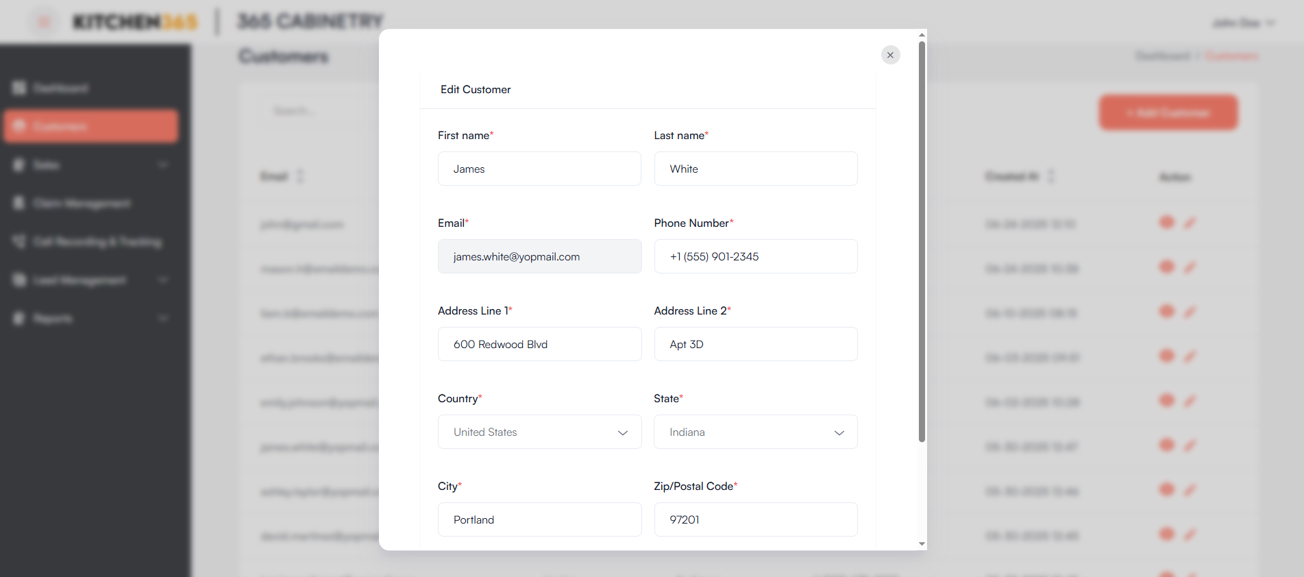 Edit Customer popup Screenshot