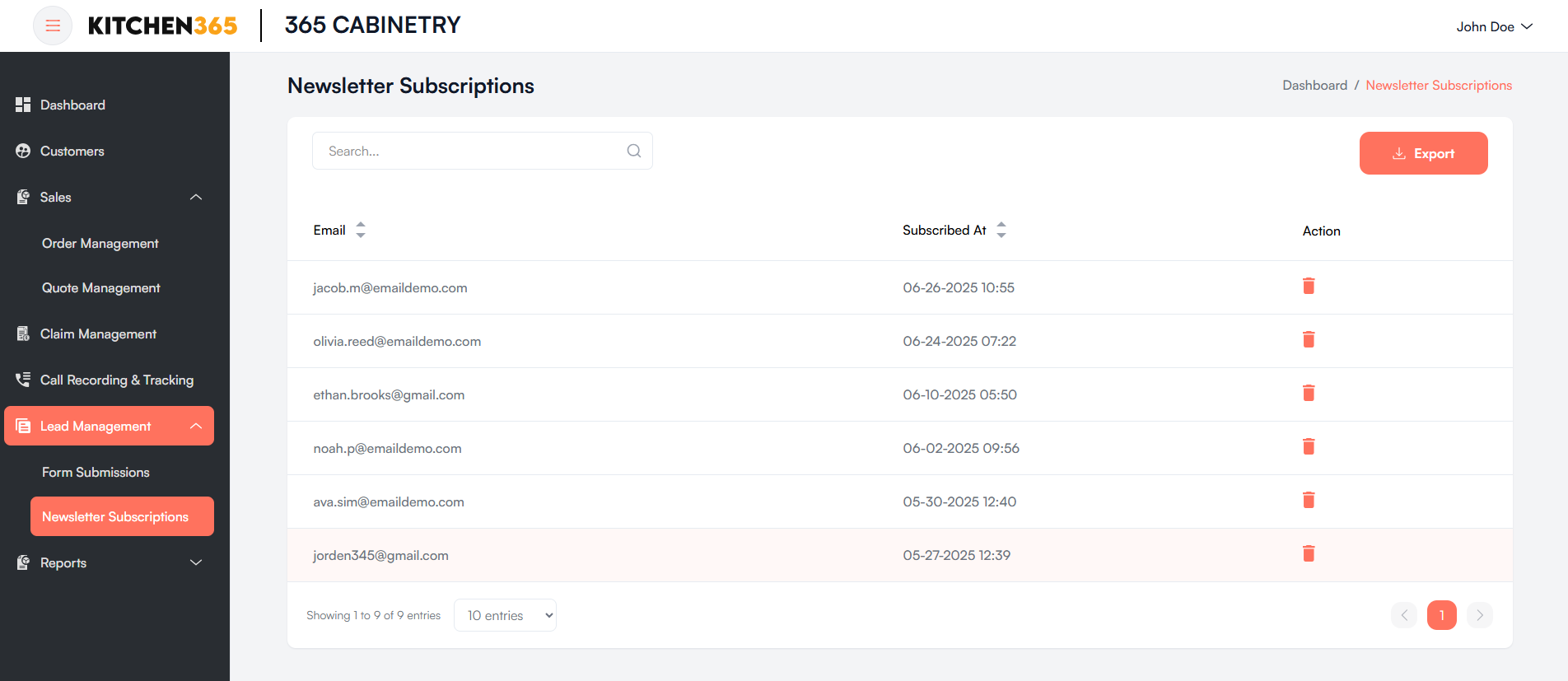 Newsletter Subscriptions list Screenshot