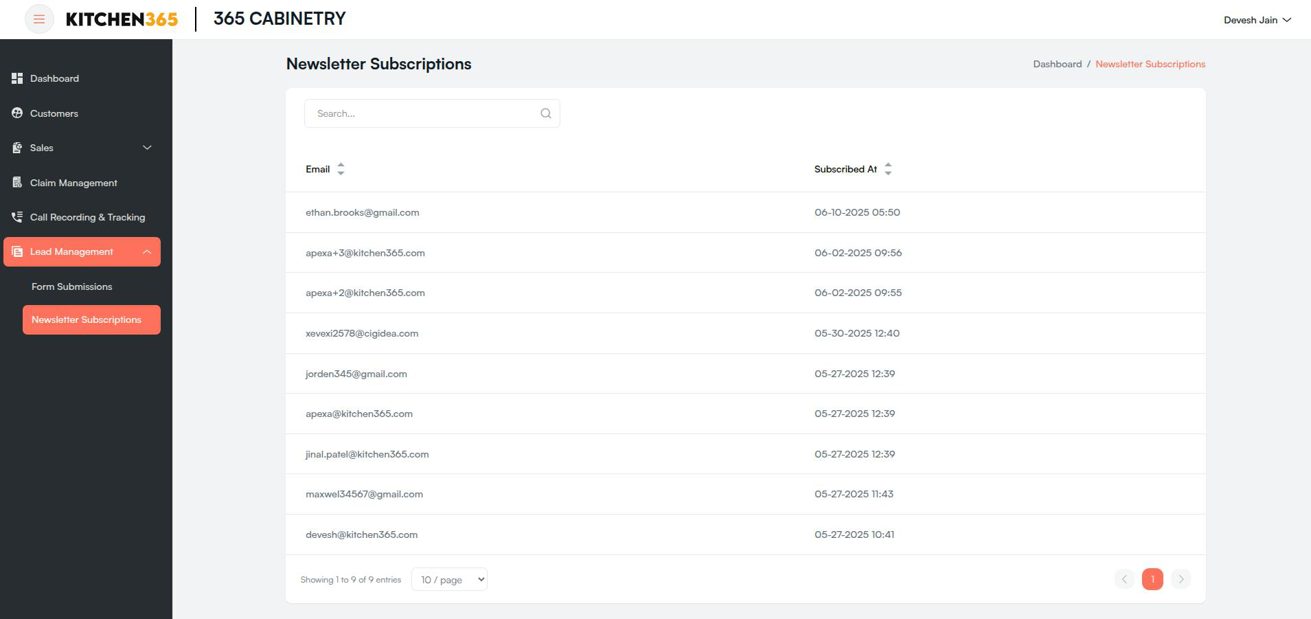 Newsletter Subscriptions list Screenshot