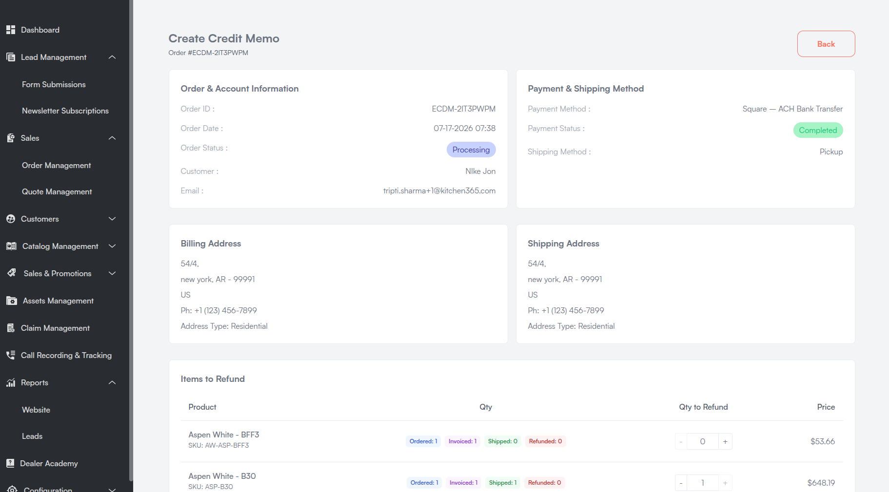 Order Create Credit Memo