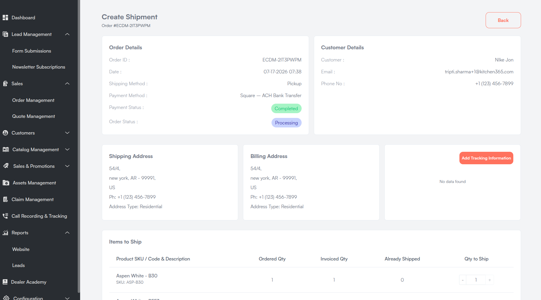 Order Create Shipment