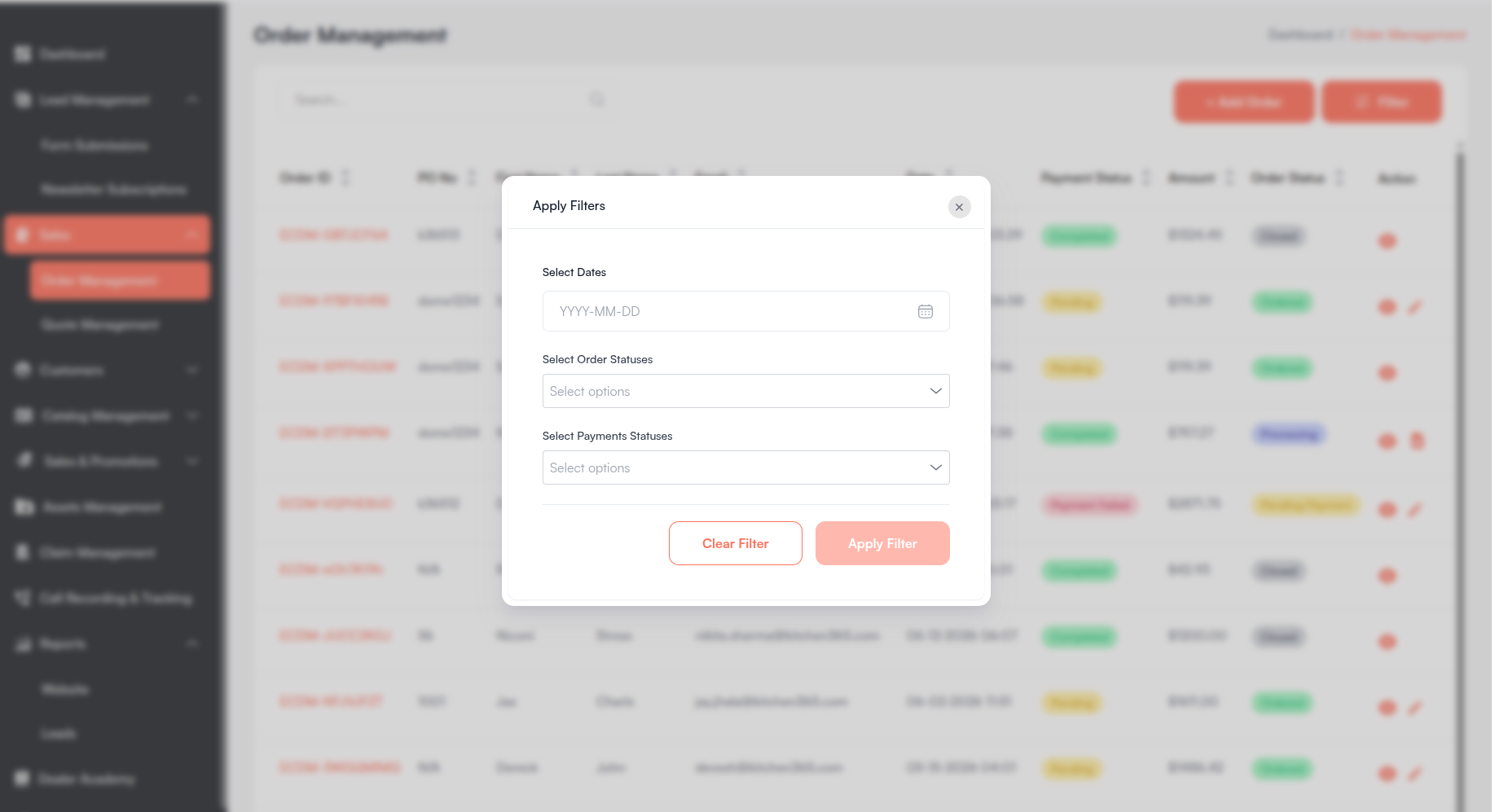 Order Filter Screenshot