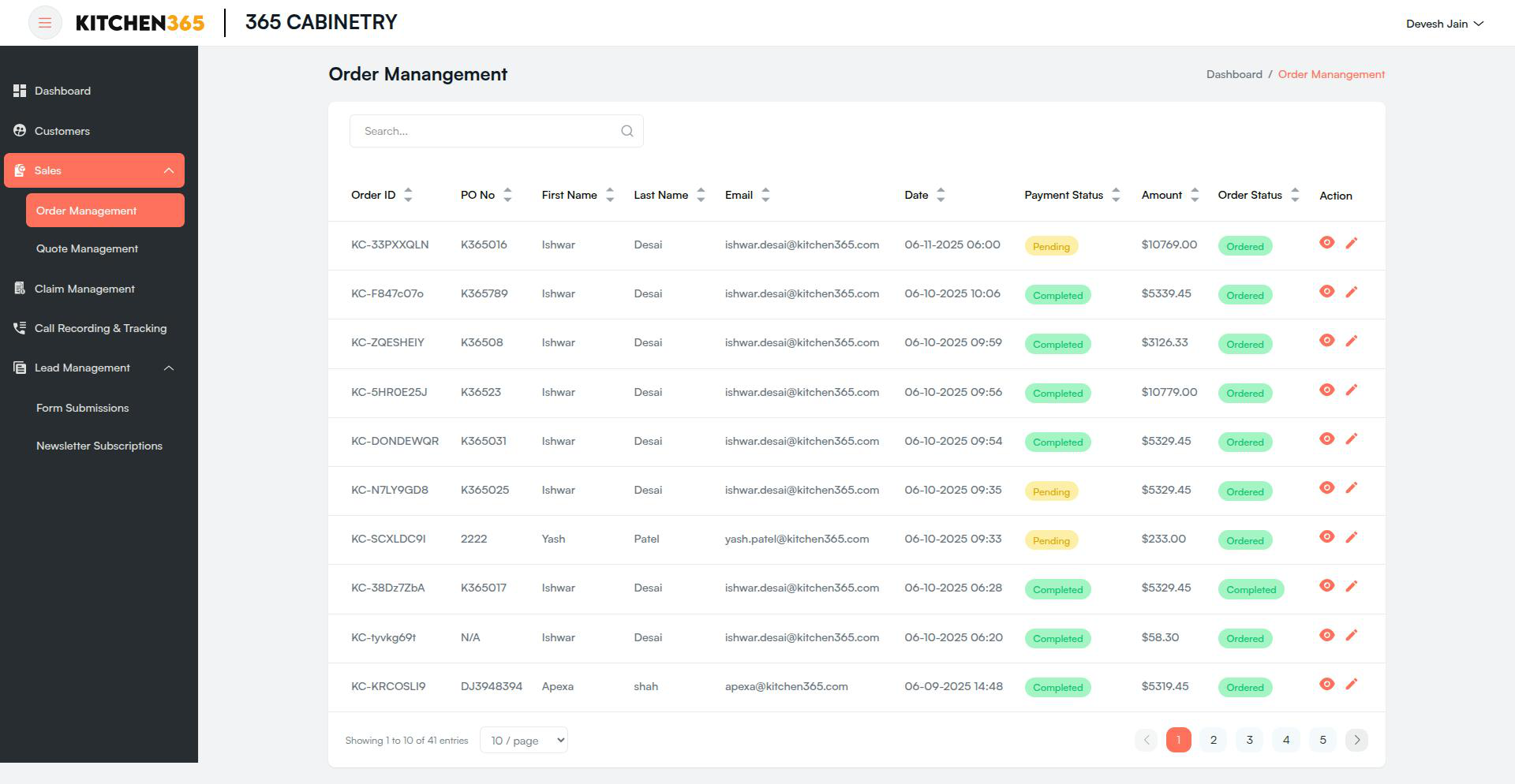 Order List Screenshot