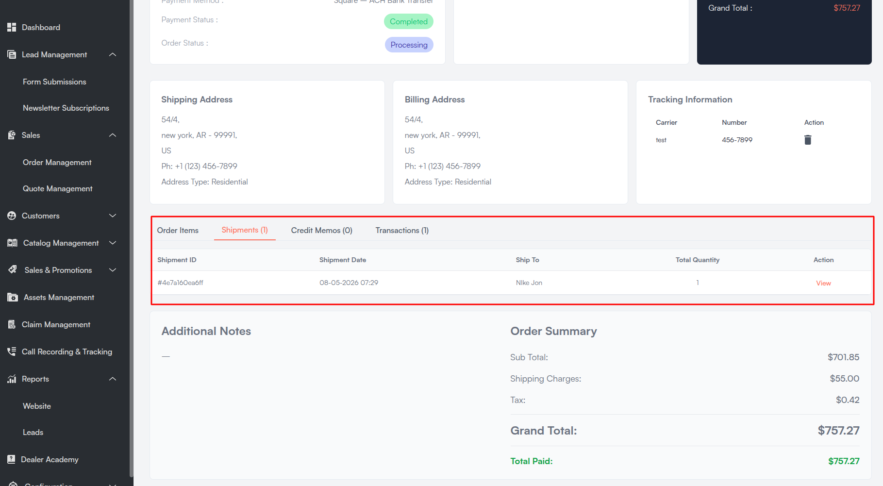 Order Shipments Tab
