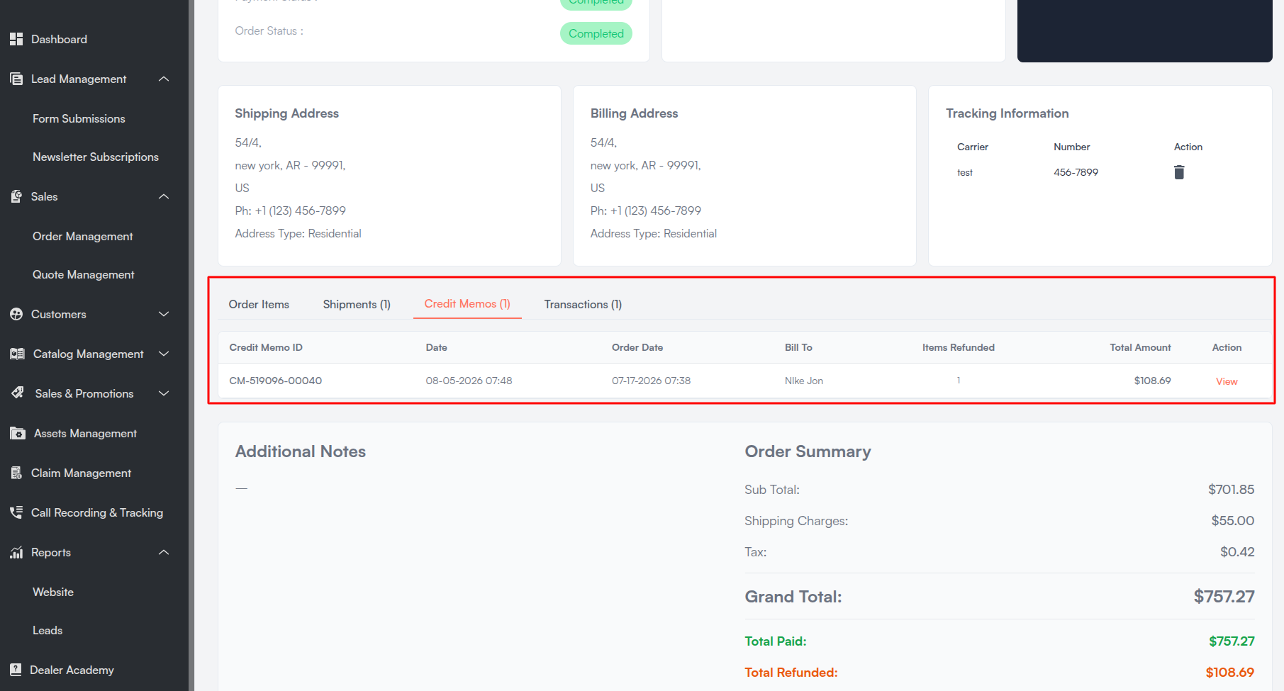 Order Credit Memos Tab