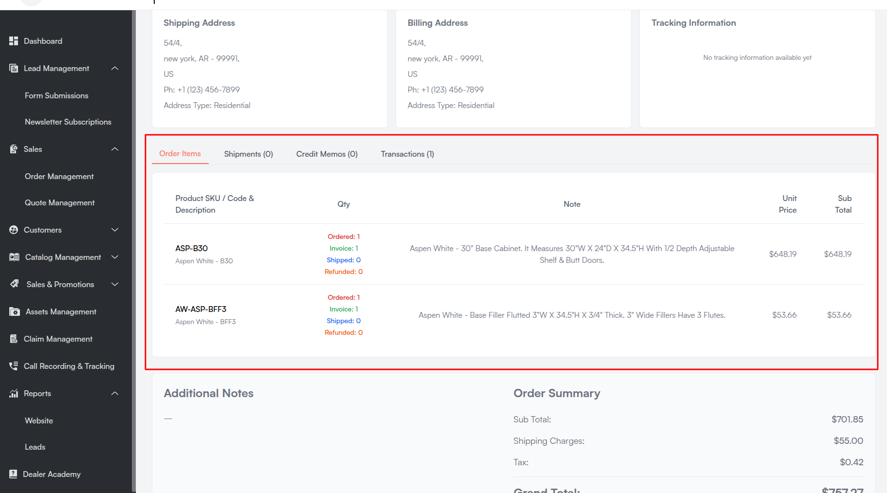 Order Items Tab