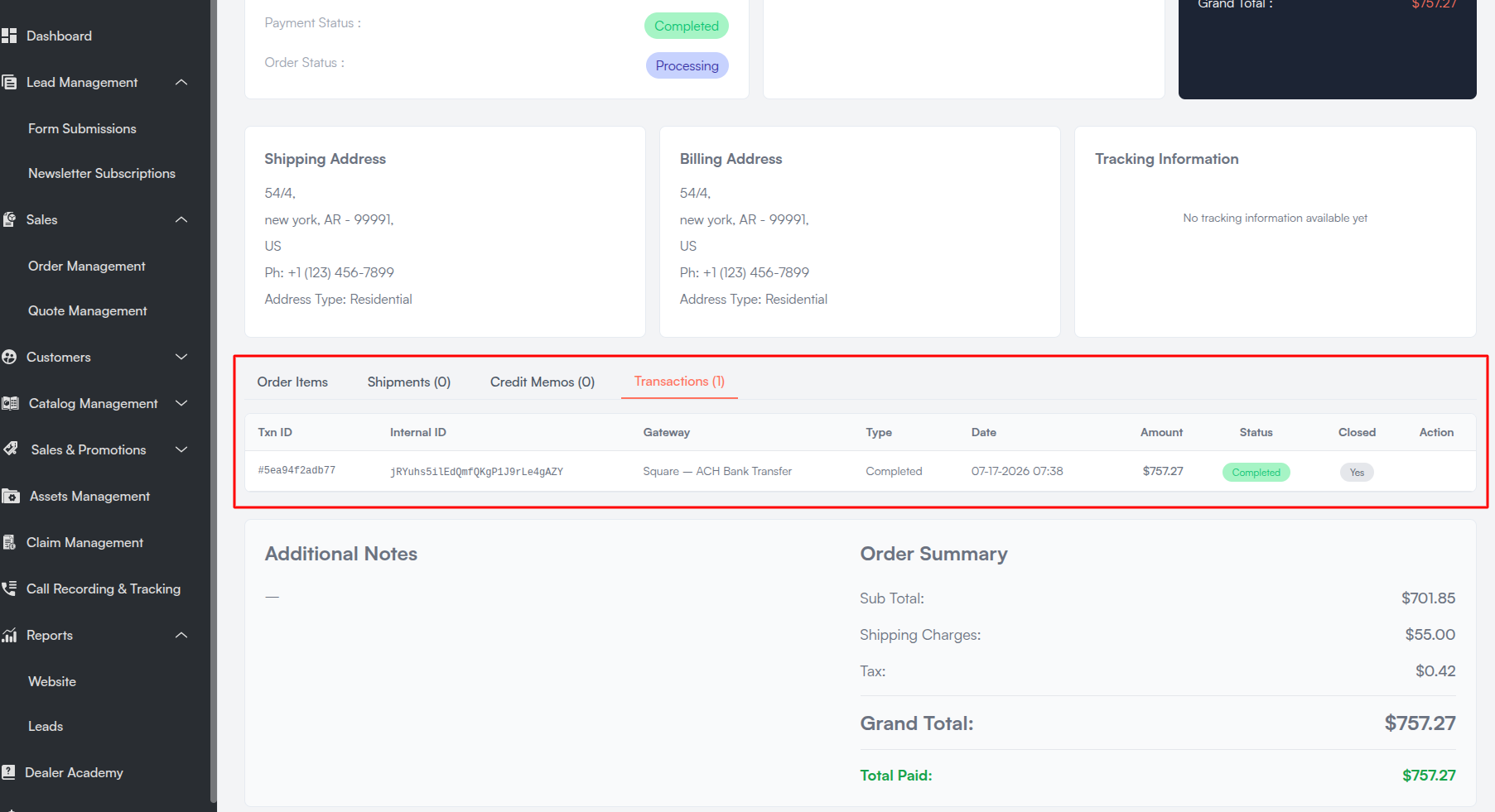 Order Transactions Tab