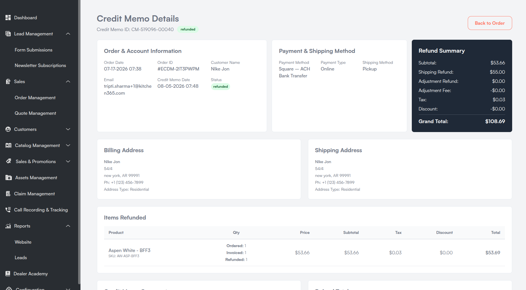 Order Credit Memos View