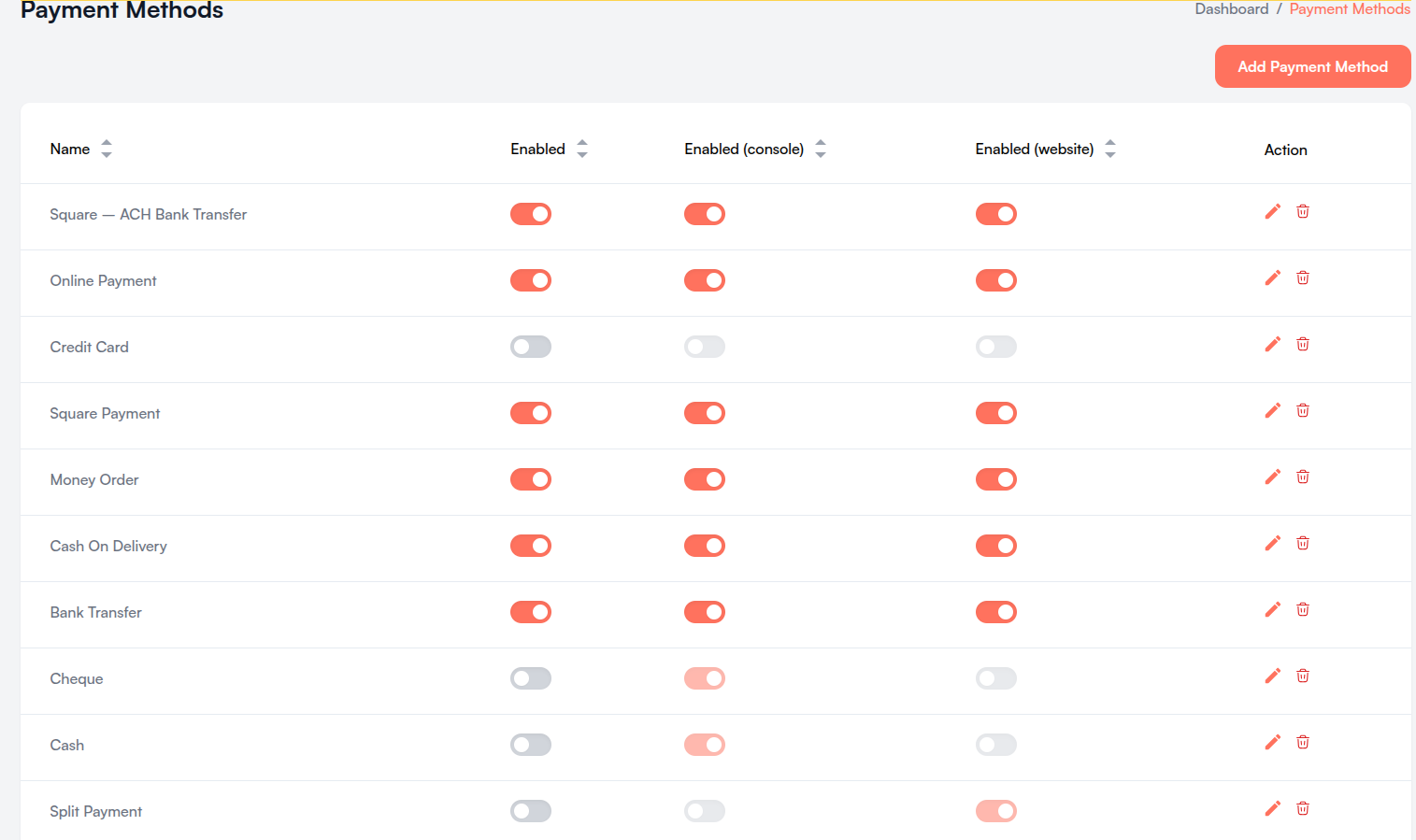 Payment Methods list Screenshot