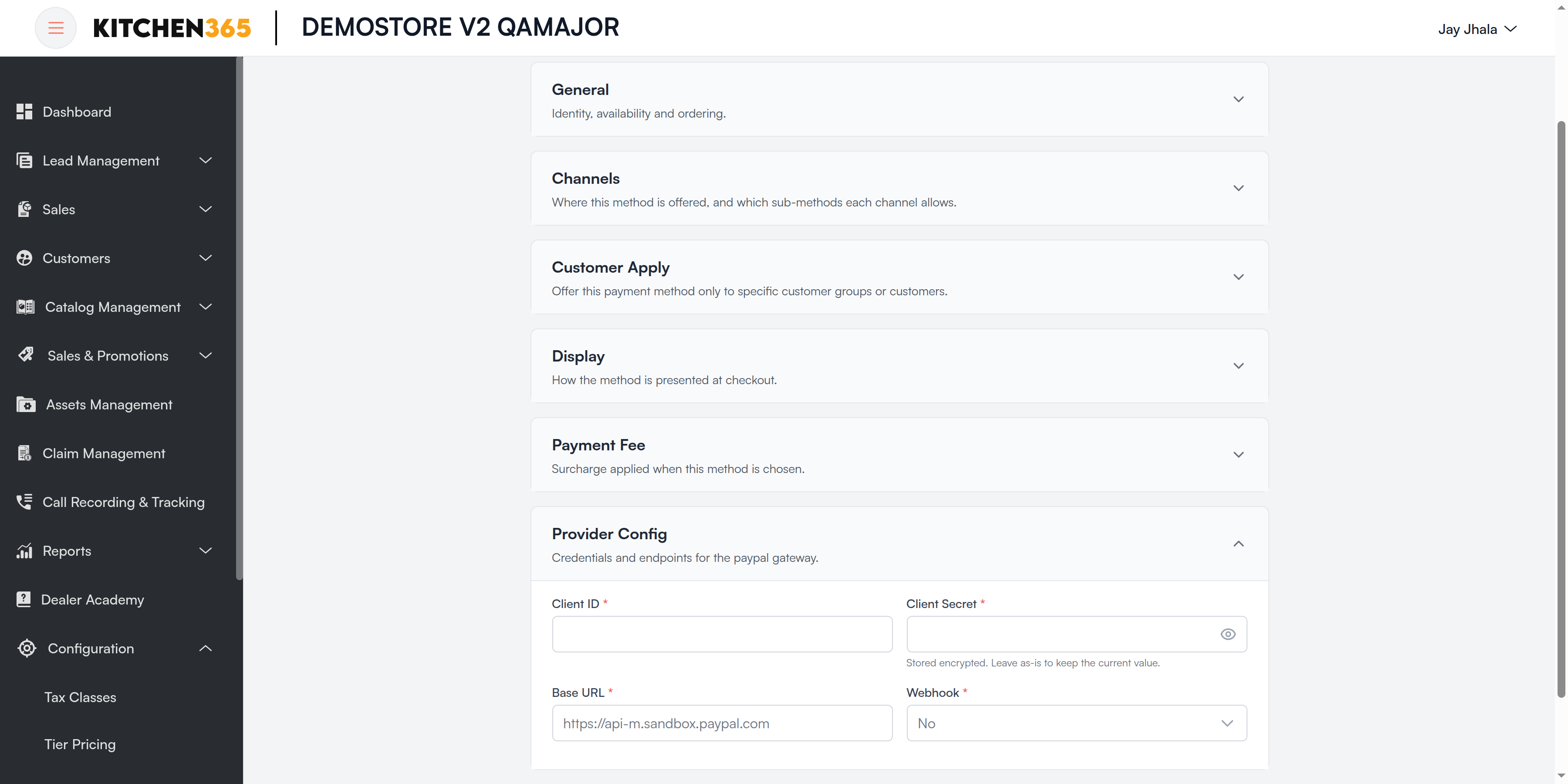 PayPal Provider Config Screenshot