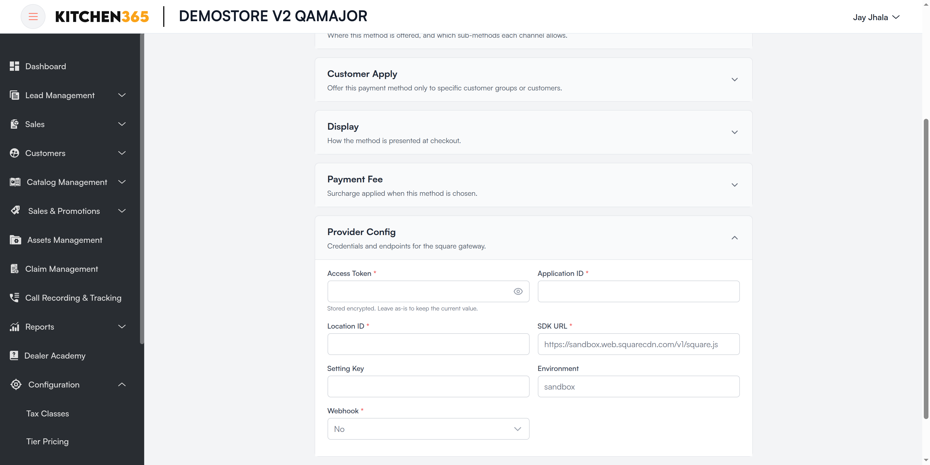 Square Provider Config Screenshot