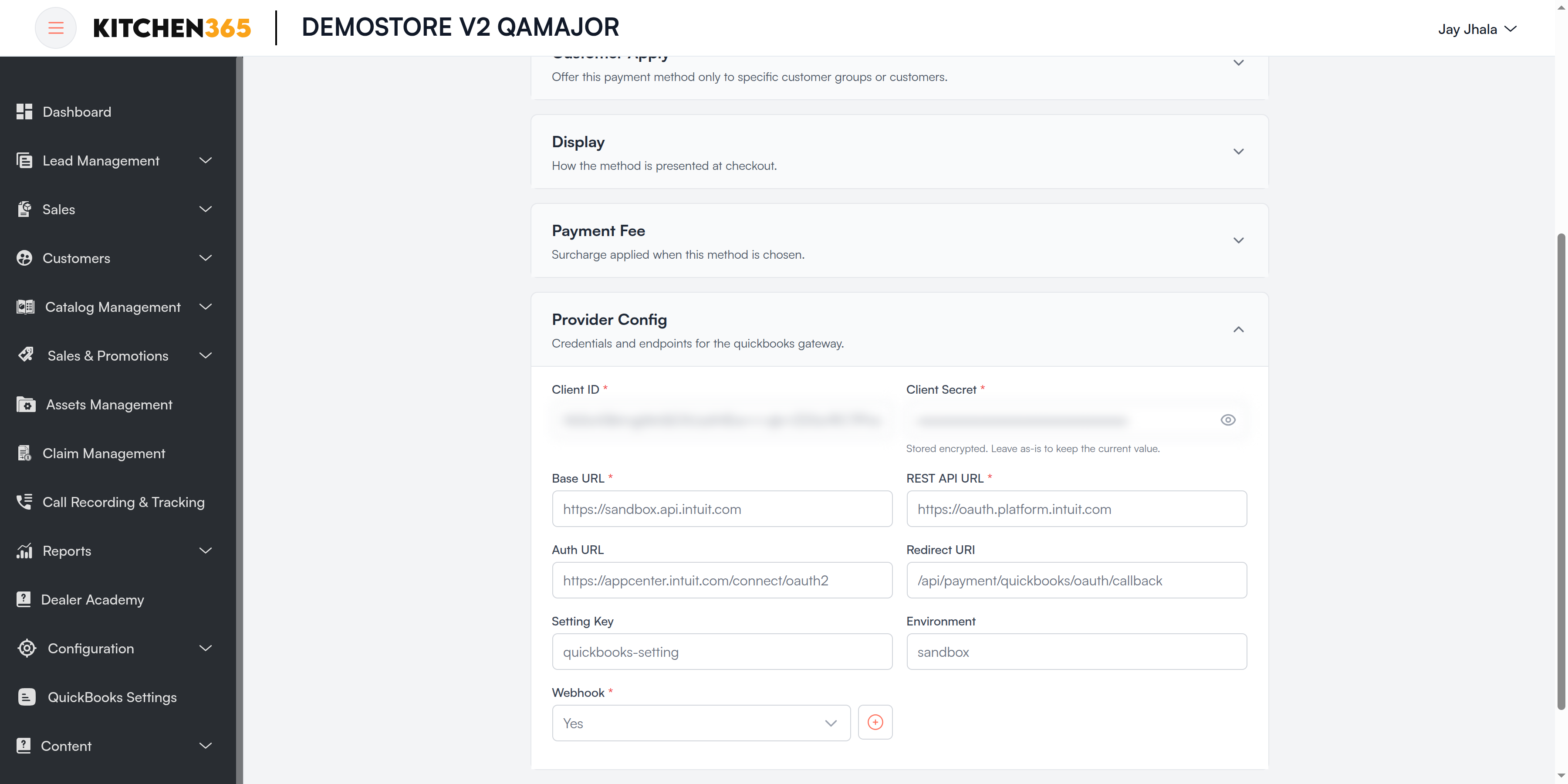 Webhook set to Yes with the Manage webhooks button Screenshot