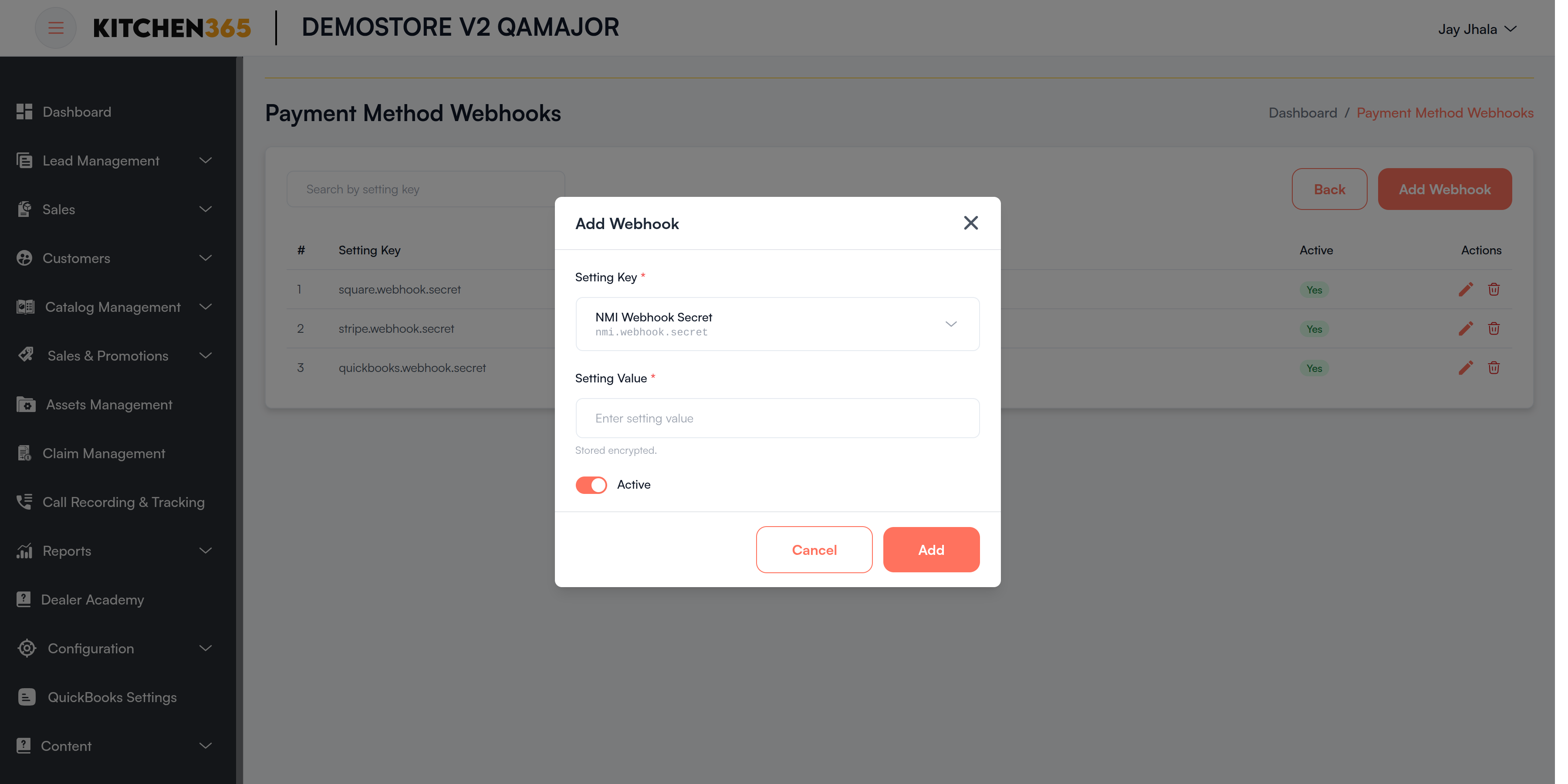 Add Webhook dialog Screenshot