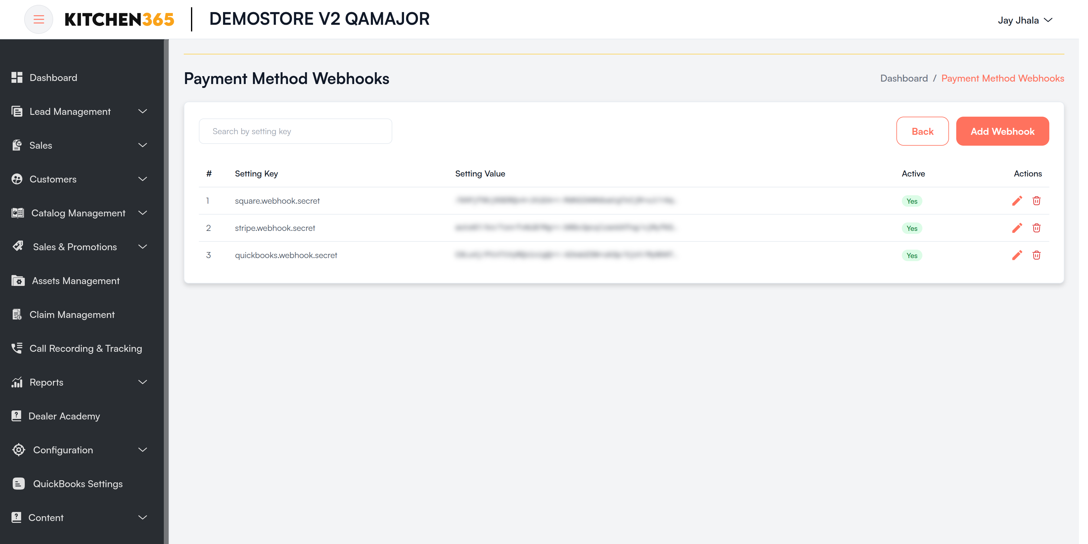 Payment Method Webhooks page Screenshot