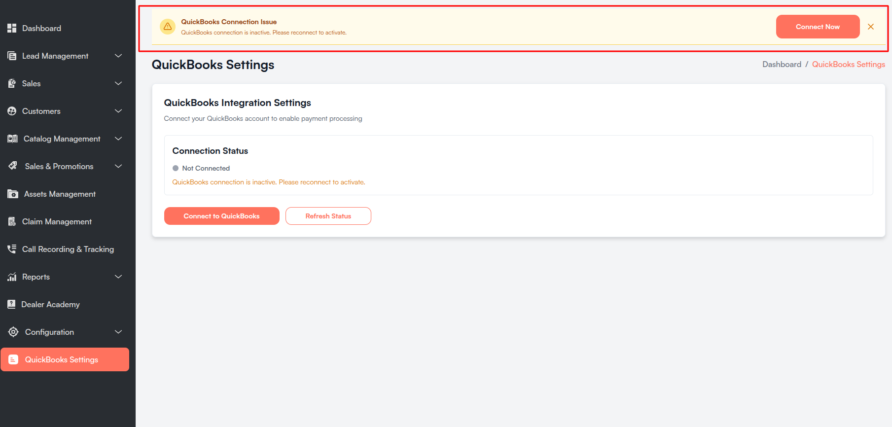 QuickBooks connection issue banner Screenshot