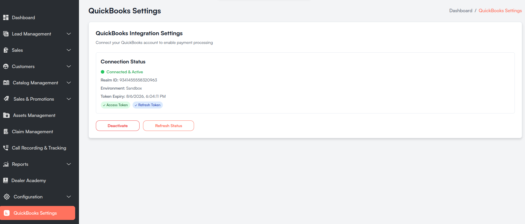 QuickBooks Settings connected Screenshot