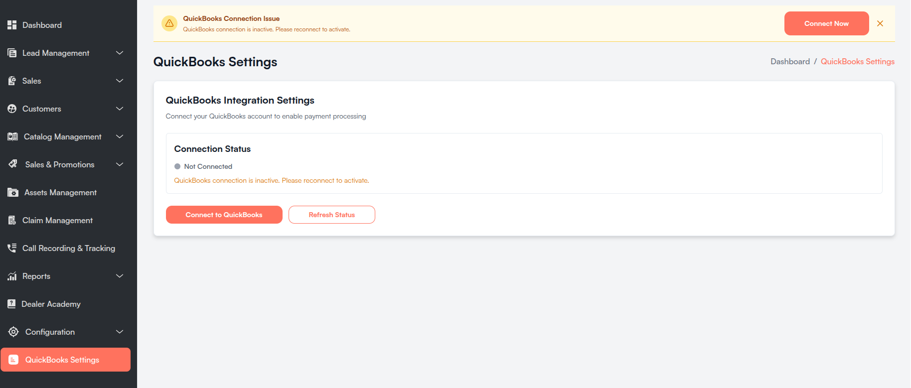 QuickBooks Settings not connected Screenshot