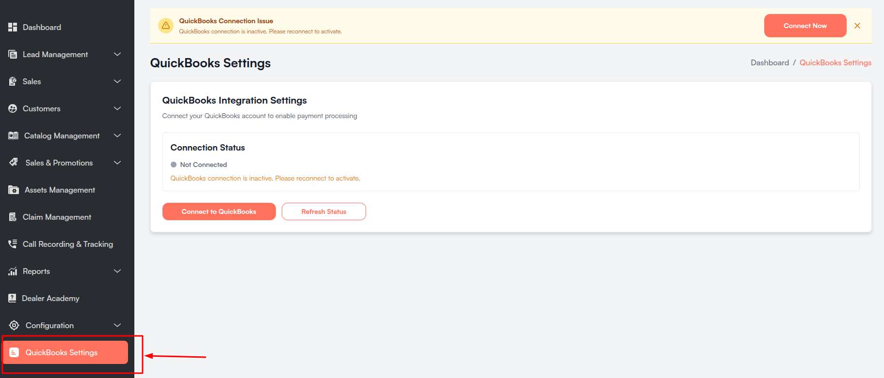 QuickBooks Settings sidebar menu Screenshot