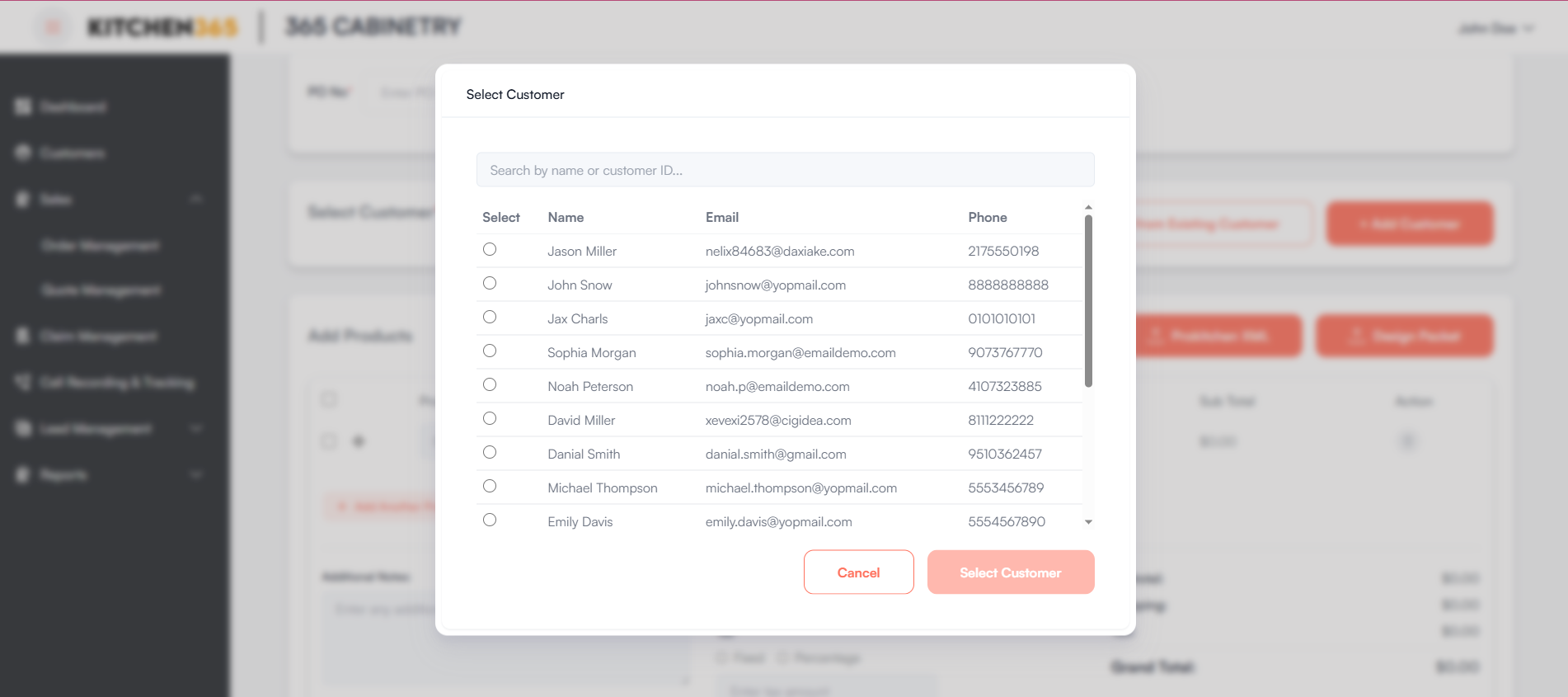Select Customer Popup