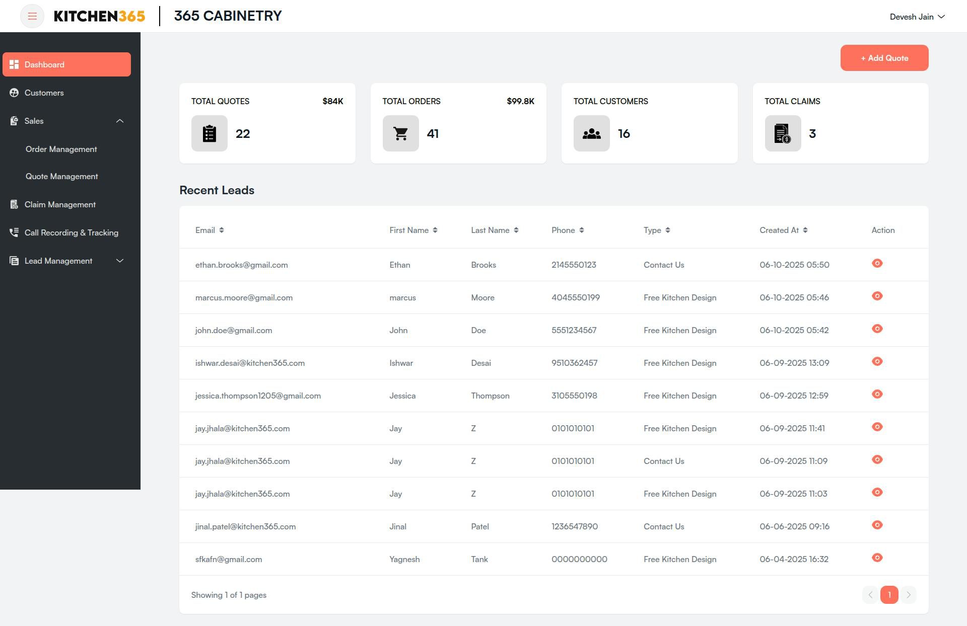 Recent Leads List Screenshot
