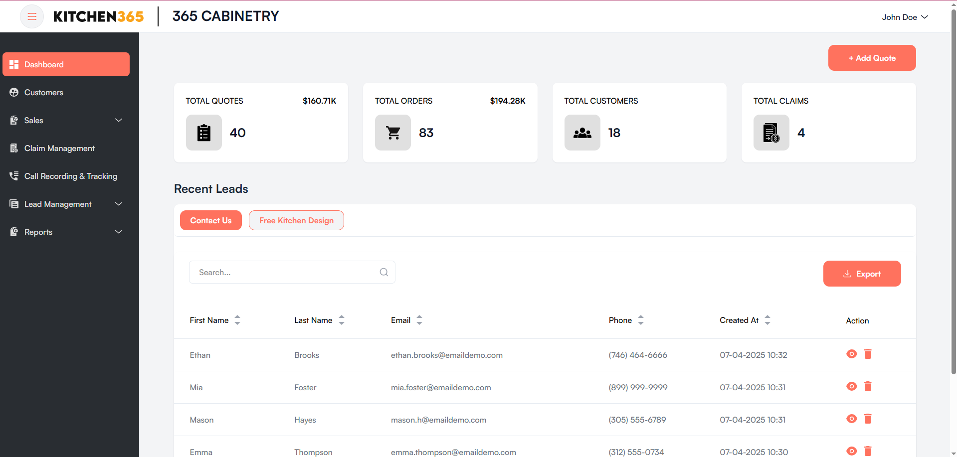 Recent Leads List Screenshot
