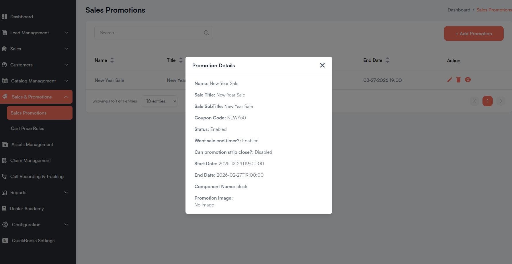 View Sales Promotion modal Screenshot